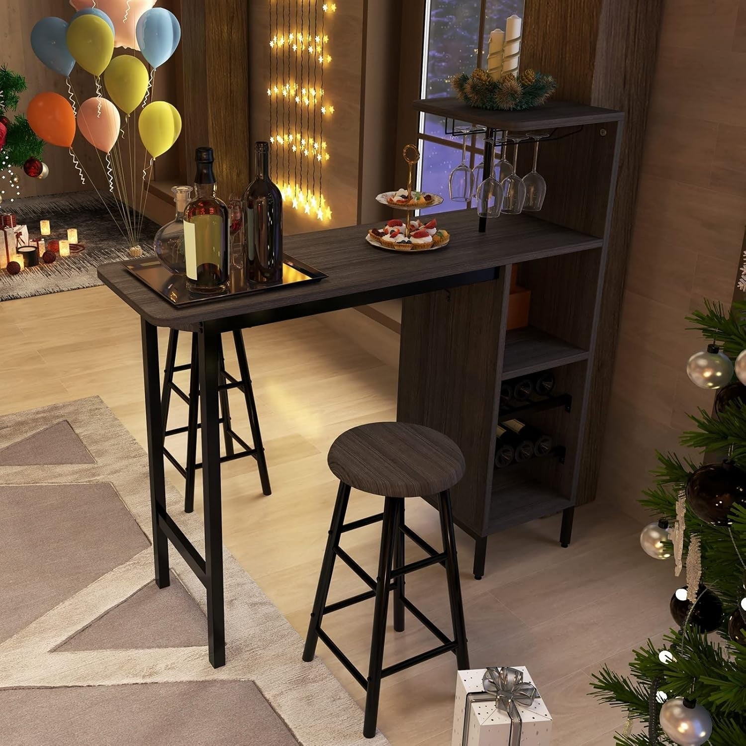 Brown 3-Piece Bar Table Set with Shelves, Wine Rack & 2 Stools, Industrial Dinin
