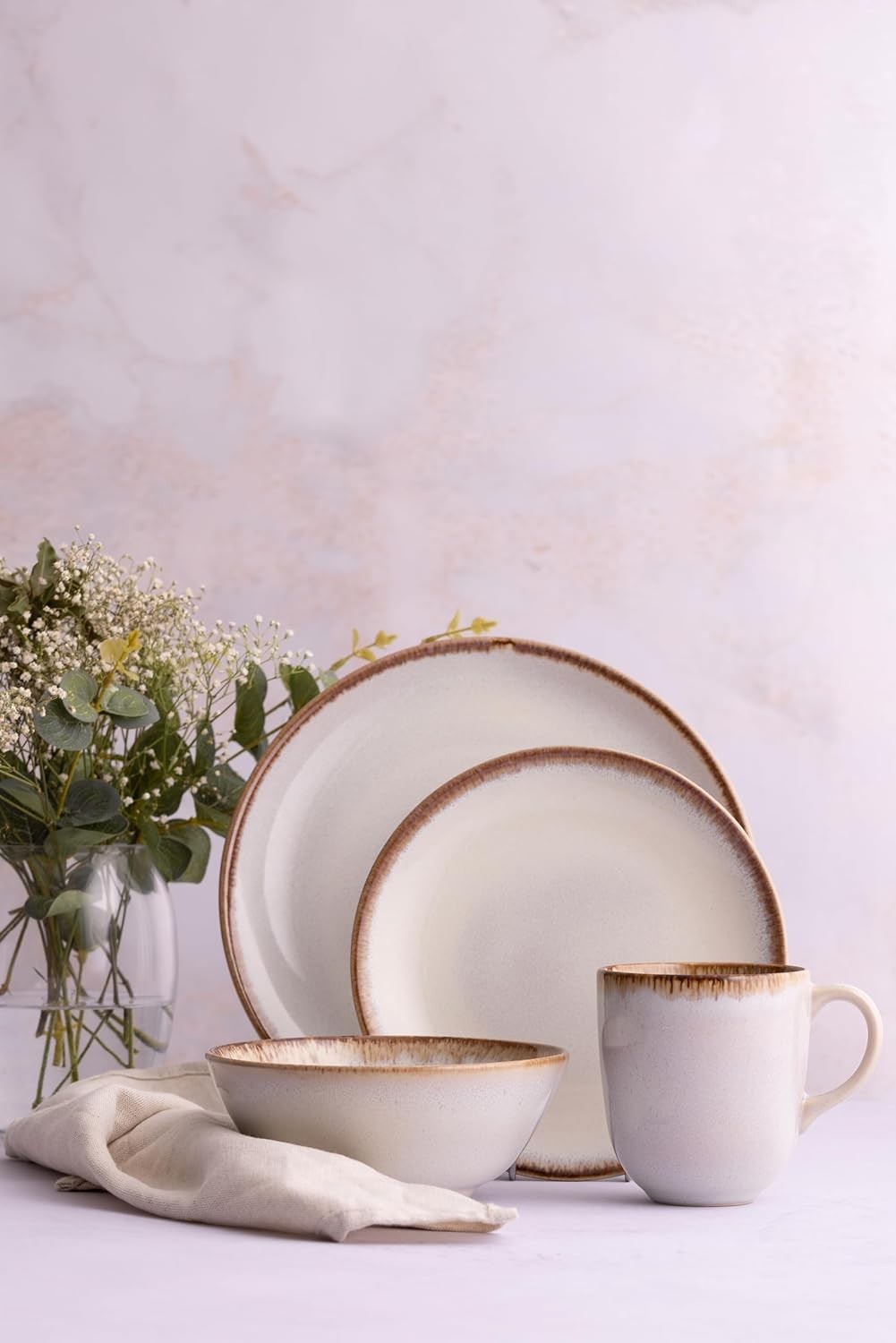 12pc Stoneware Dinner Set Cream Reactive Glaze Plates Bowls Dishwasher Safe