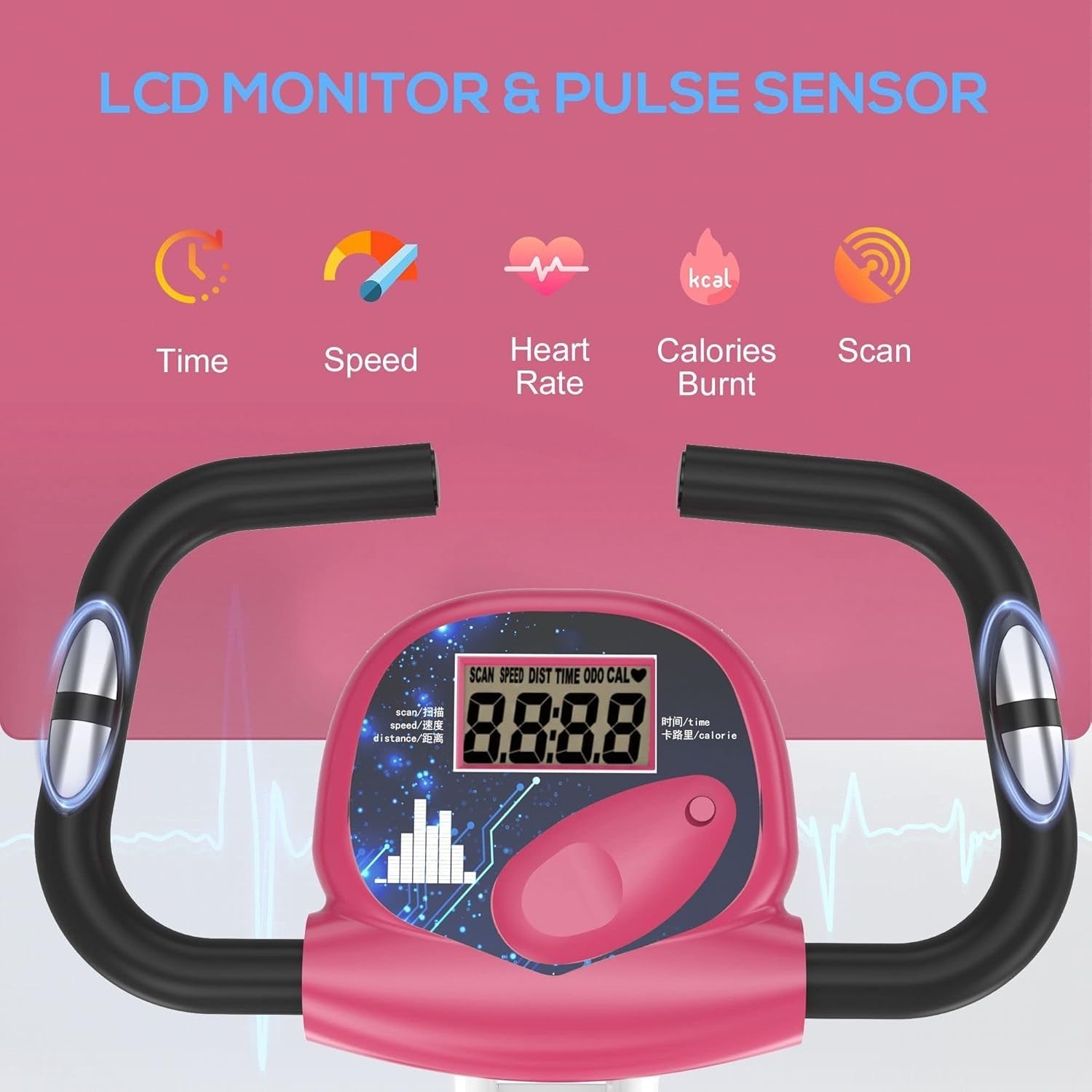 Pink Folding Exercise Bike 8-Level Magnetic Resistance LCD Pulse Monitor