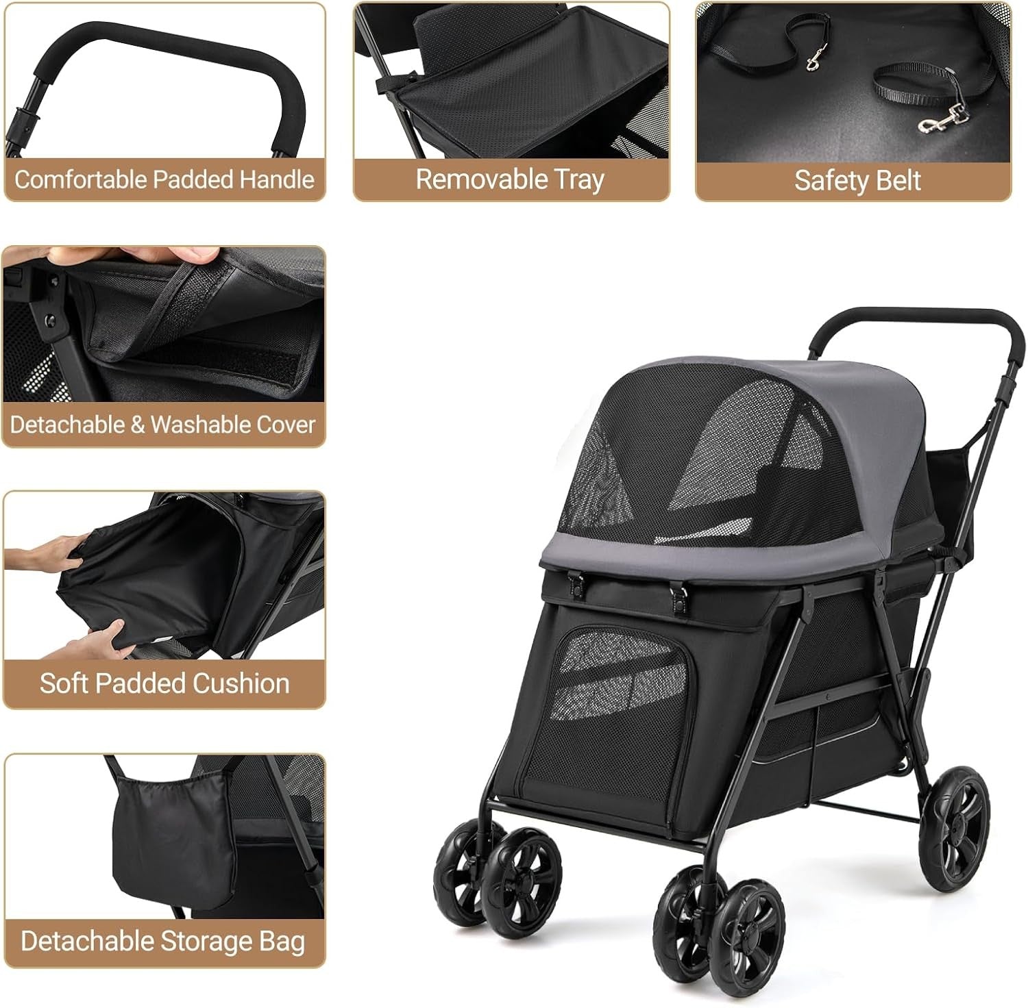 Black Pet Stroller with Ramp Canopy Safety Belt Foldable Pushchair for Dogs