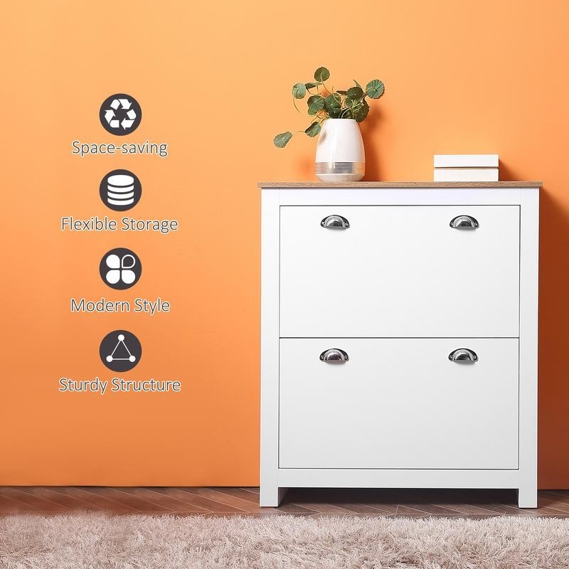 Modern White 2 Drawer Slim Shoe Cabinet with Adjustable Shelves MDF Unit
