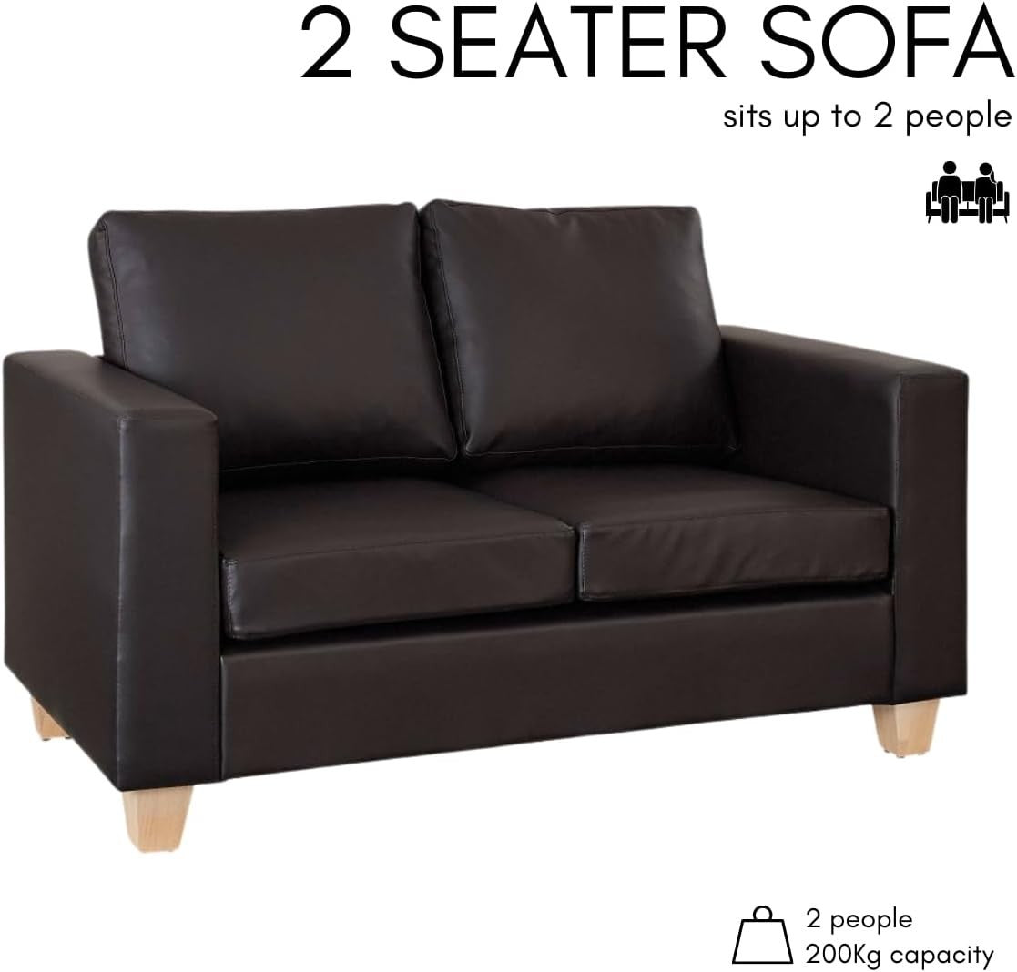 2 Seater Faux Leather Sofa Brown | Compact Couch | Minimal Assembly