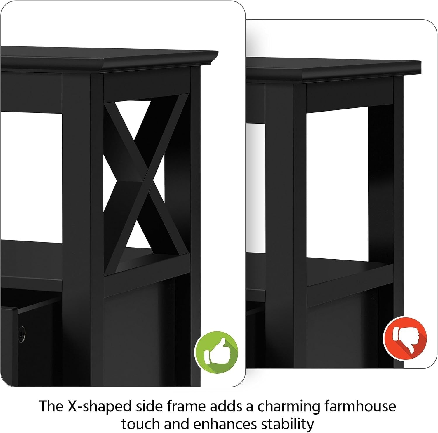 Set of 2 Black Bedside Tables with Drawers & Shelf – Modern X-Design Nightstands