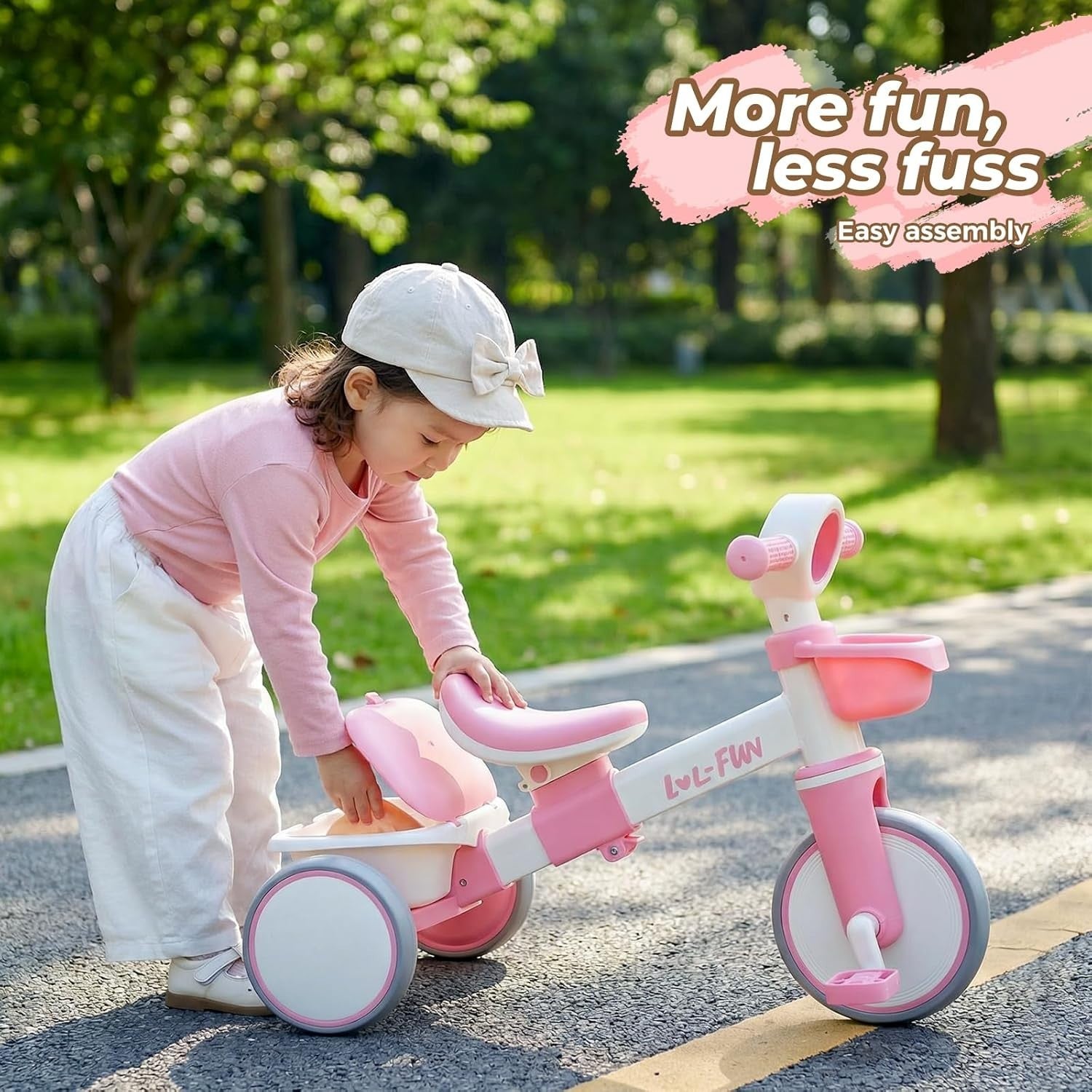 Kids Tricycle Toddler Bike Pink Adjustable Seat Storage Baskets 1-4Y