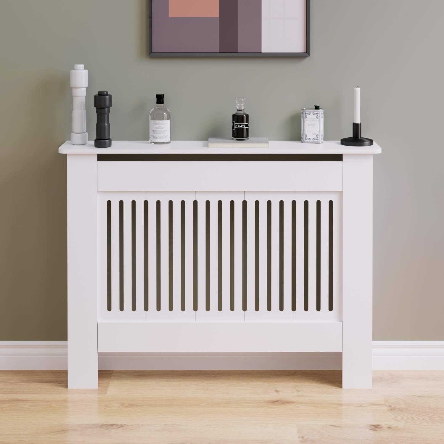 Medium White Radiator Cover | Modern MDF Vertical Slatted Cabinet