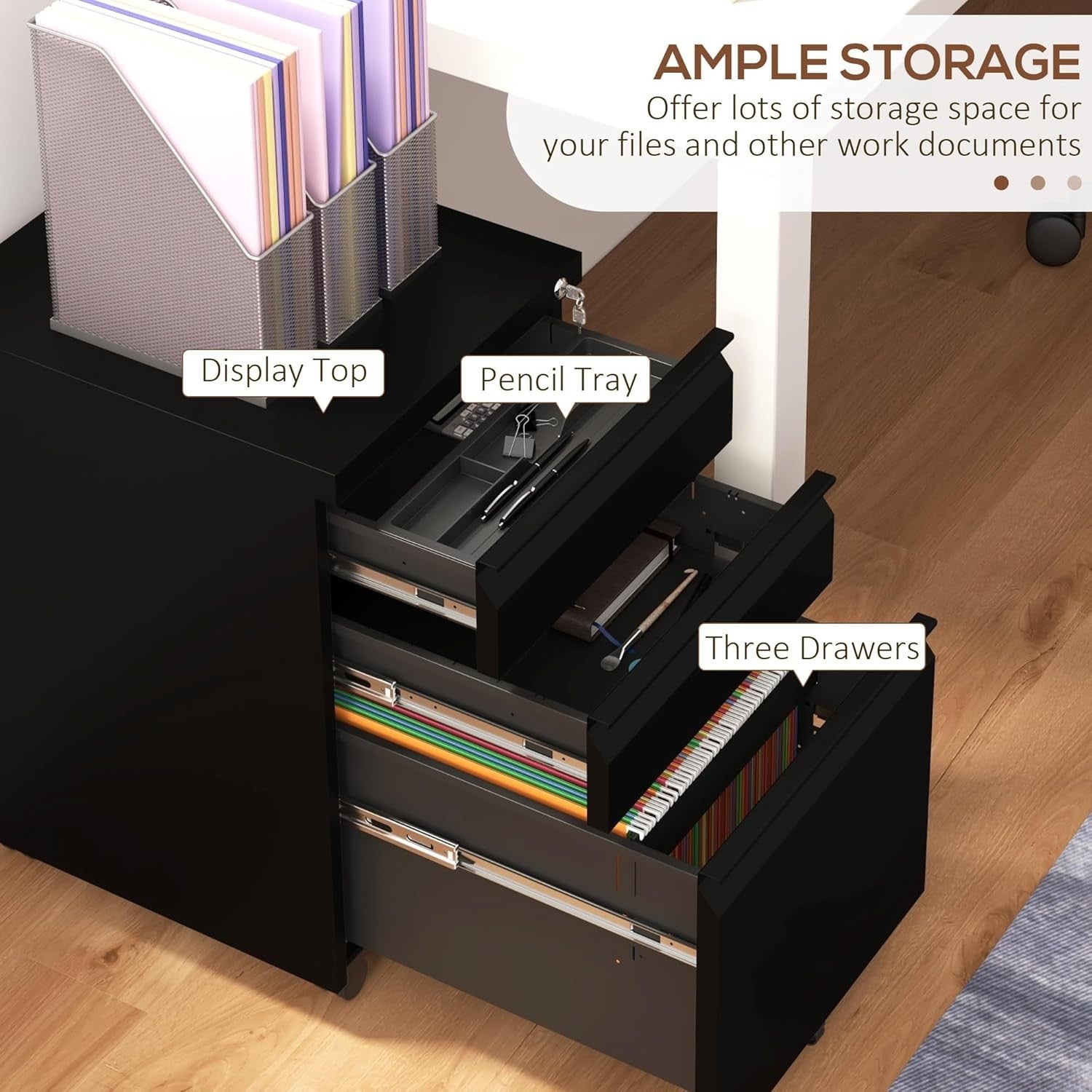 Black 3 Drawer Mobile Filing Cabinet Lockable Steel Office Storage with Wheels
