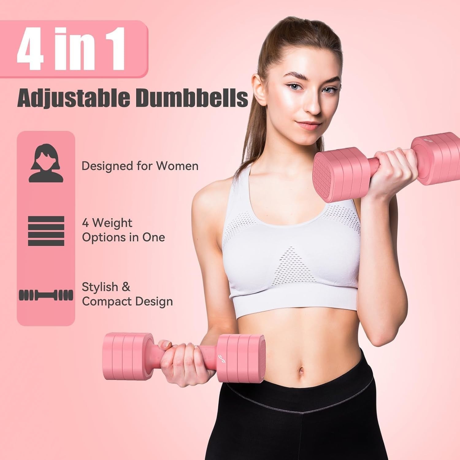 Pink Adjustable Dumbbell Set 2–5lb Pair 4-in-1 Non-Slip Women Weights