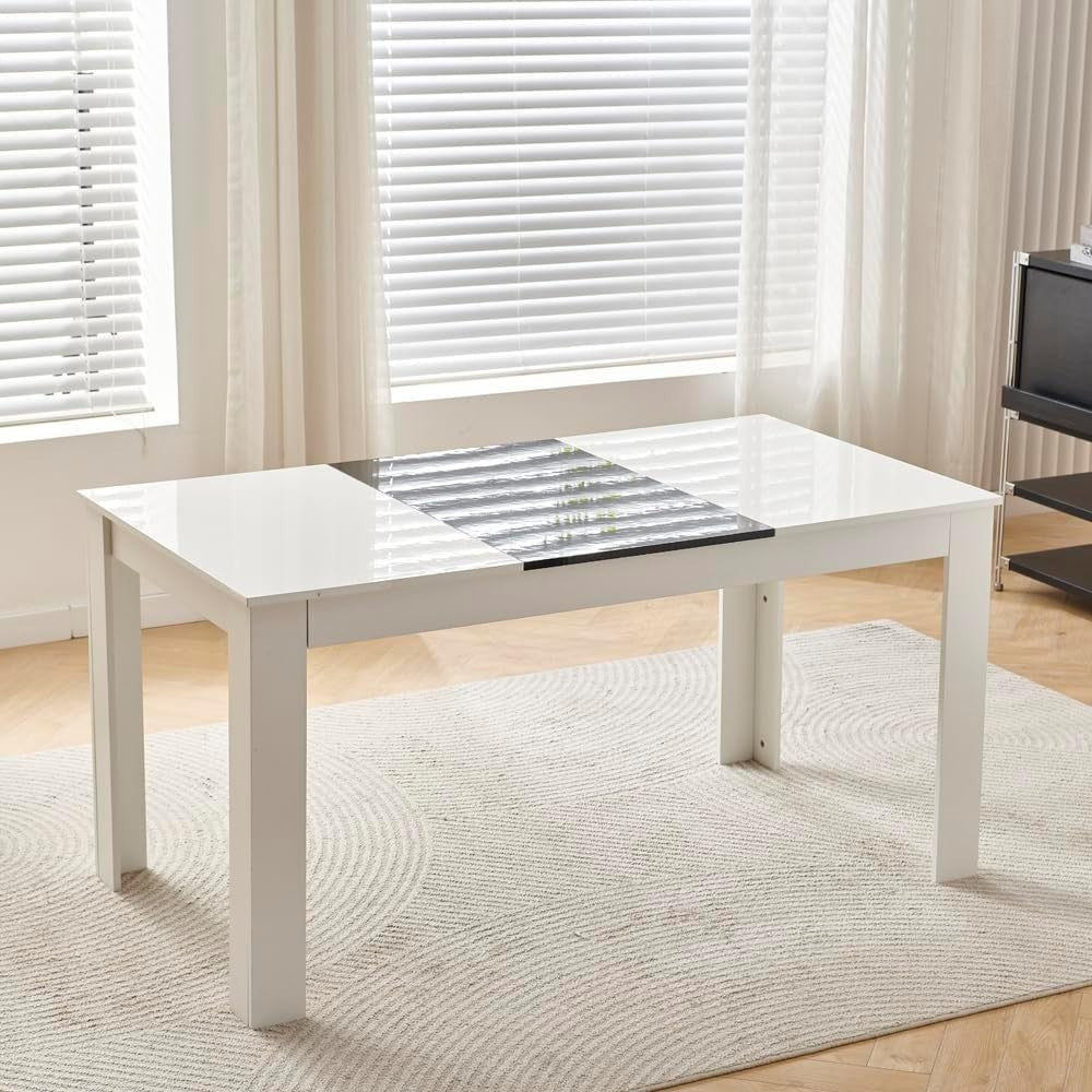 White 7-Piece Dining Table Set with Black Leather Chairs – Space-Saving