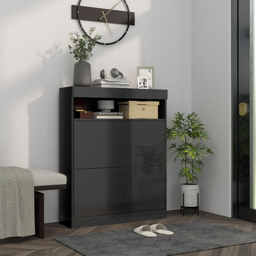 Modern Narrow Shoe Cabinet 12-16 Pair Storage with Flip Drawers & Shelf
