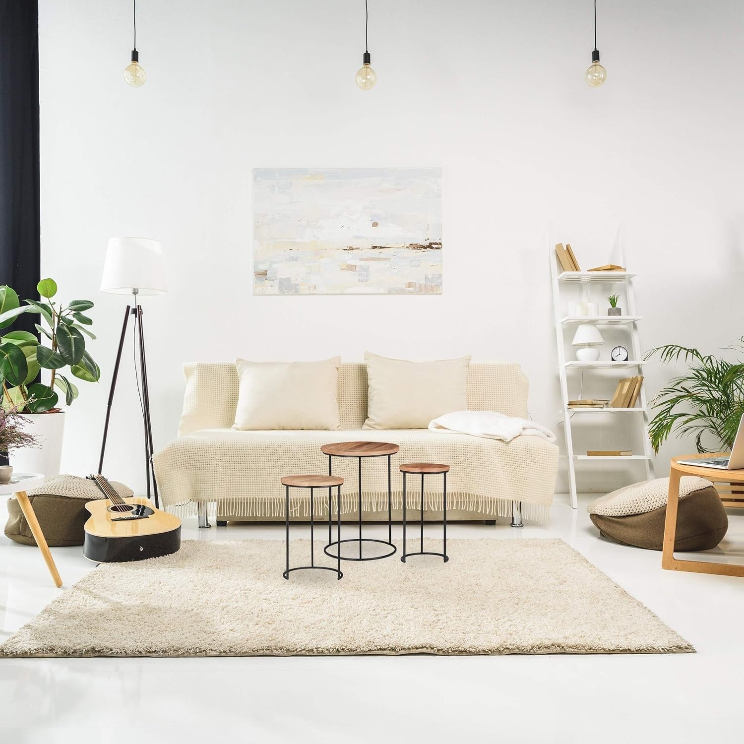End Table Set of 3 Black Modern Round Wood/Metal Nesting Tables Home Decor