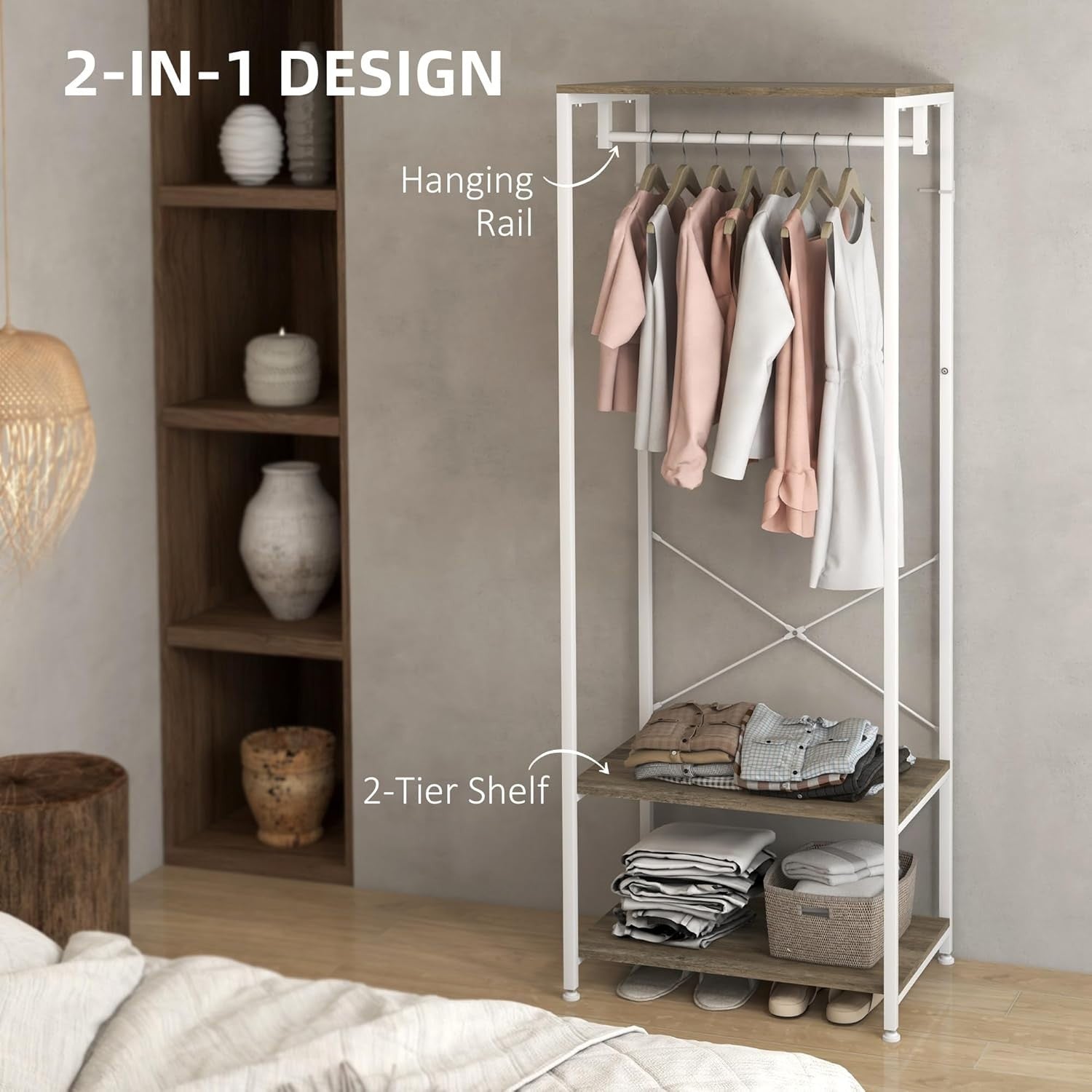 2-in-1 Coat Rack Hall Tree w/ Shoe Shelves Grey White 168cm