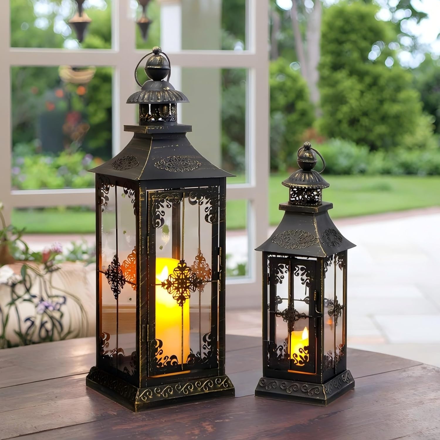 2 Pack Black Vintage Metal Candle Lanterns Indoor Outdoor