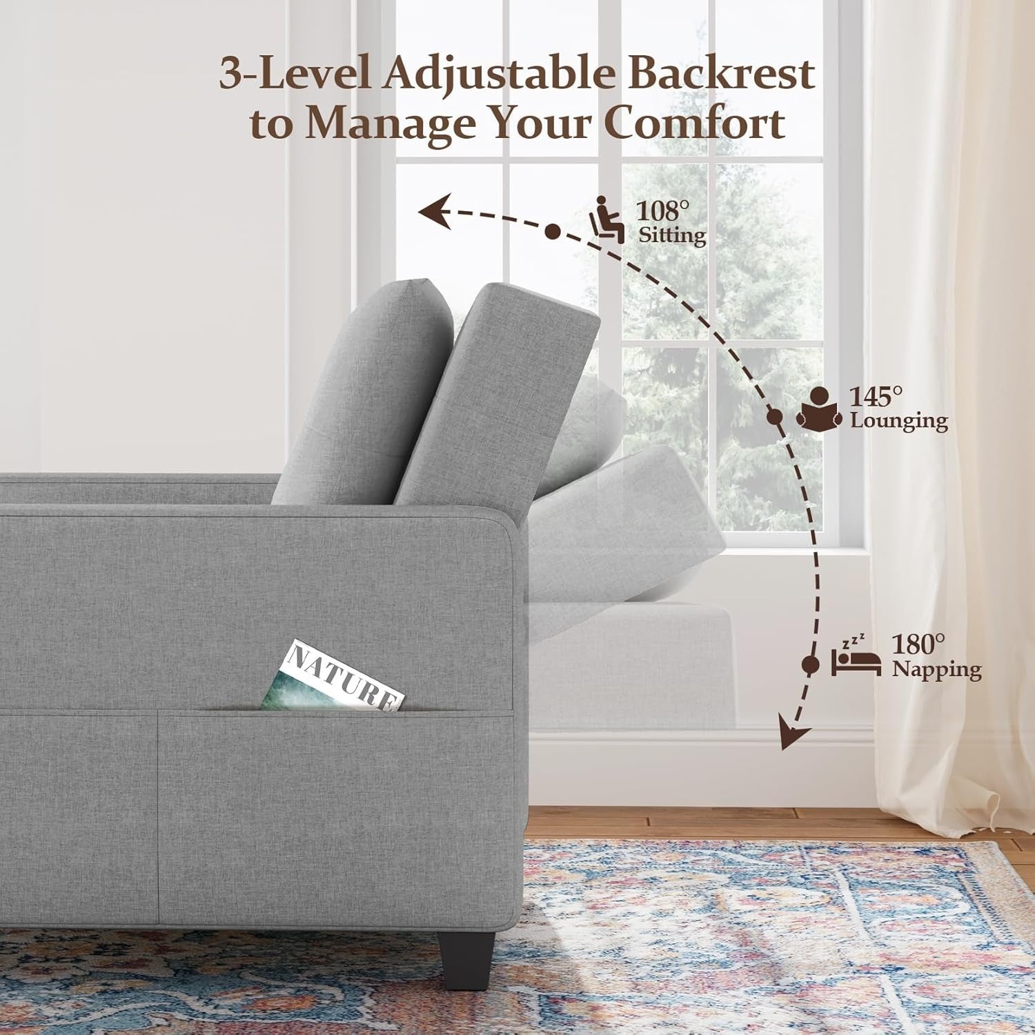 3-in-1 Sofa Bed Grey Single Chair Sleeper w/ Storage, Foldable & Adjustable