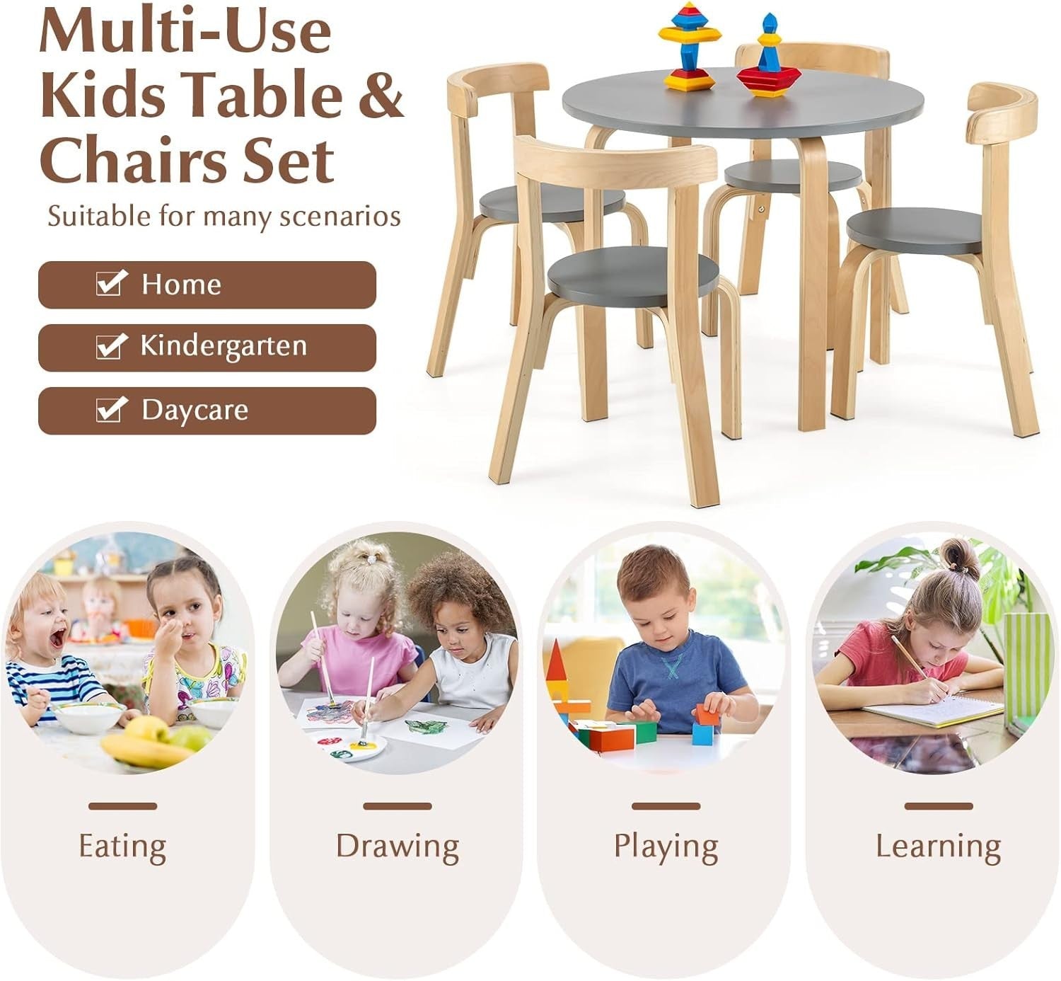 Kids 5-Piece Wooden Table & Chair Set with Ergonomic Chairs for Playroom