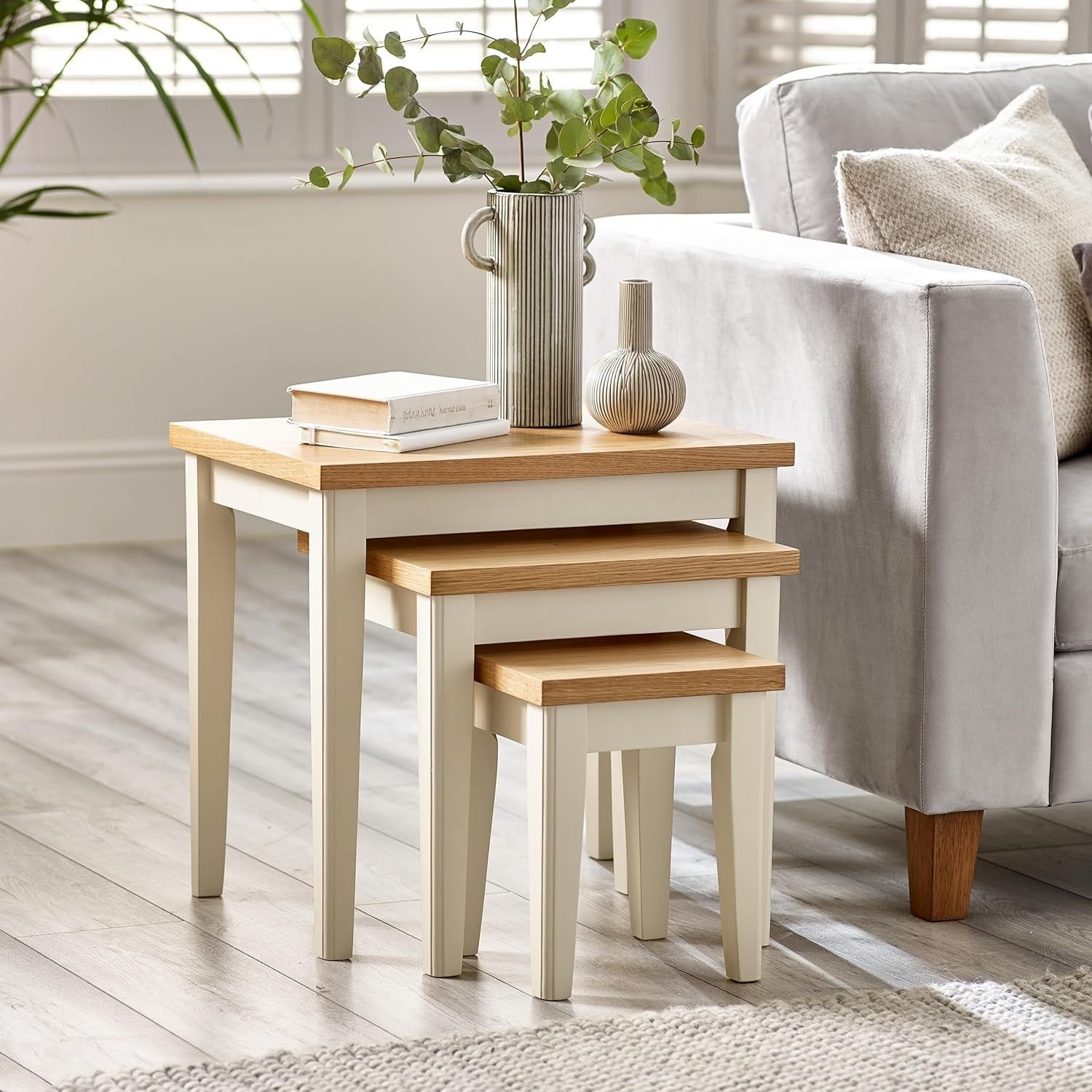 Nest of 3 Solid Wood Nesting Tables Modern Oak Veneer Side End Coffee Set