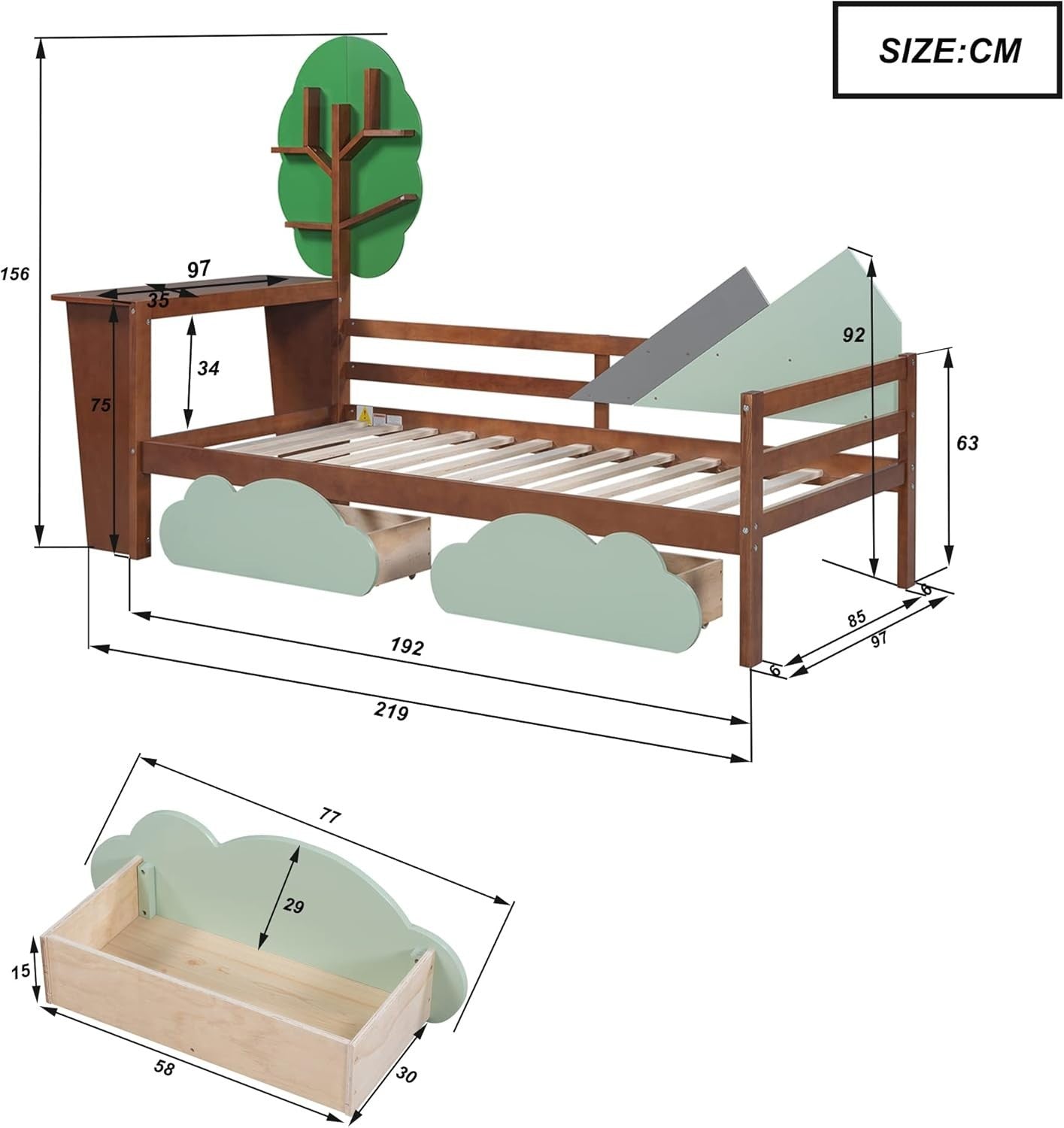 Kids Bed with Storage Drawers & Desk 3FT Toddler Tree Shelf 90x190cm
