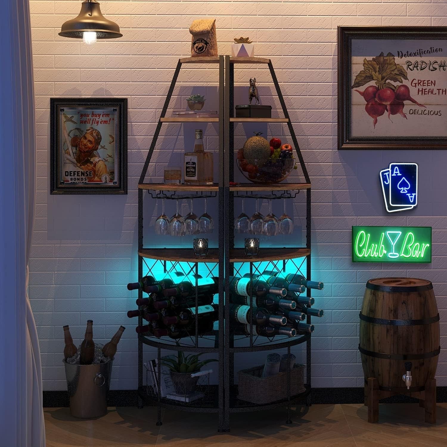 5 Tier Corner Wine Rack with LED Light | Home Bar Shelf Bottle & Glass Storage