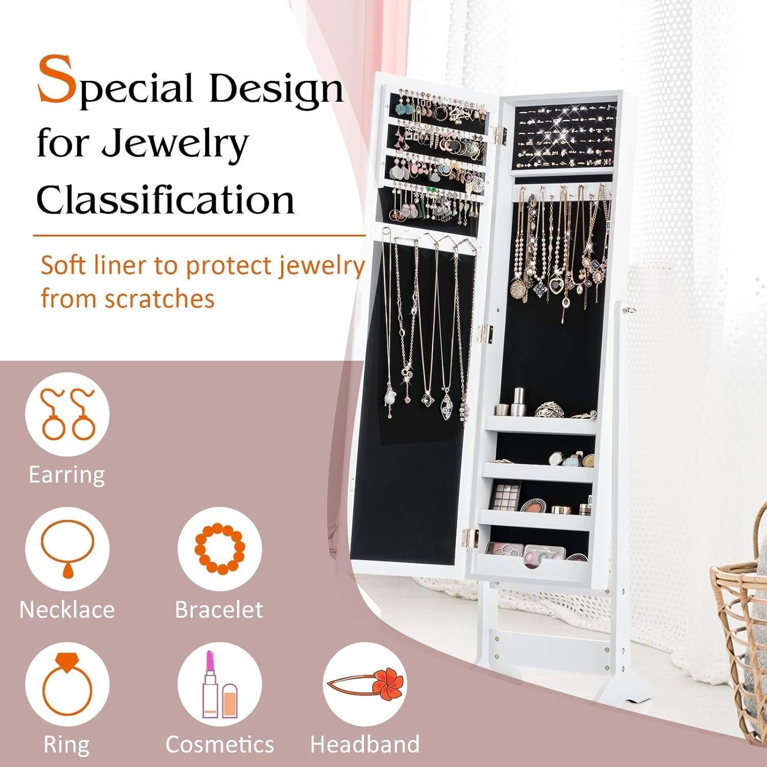 White Adjustable Jewelry Cabinet Mirror Freestanding Storage Armoire