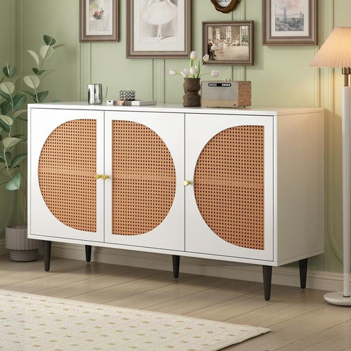 White Rattan Sideboard Cabinet 3 Door Storage Unit Adjustable Shelf Modern