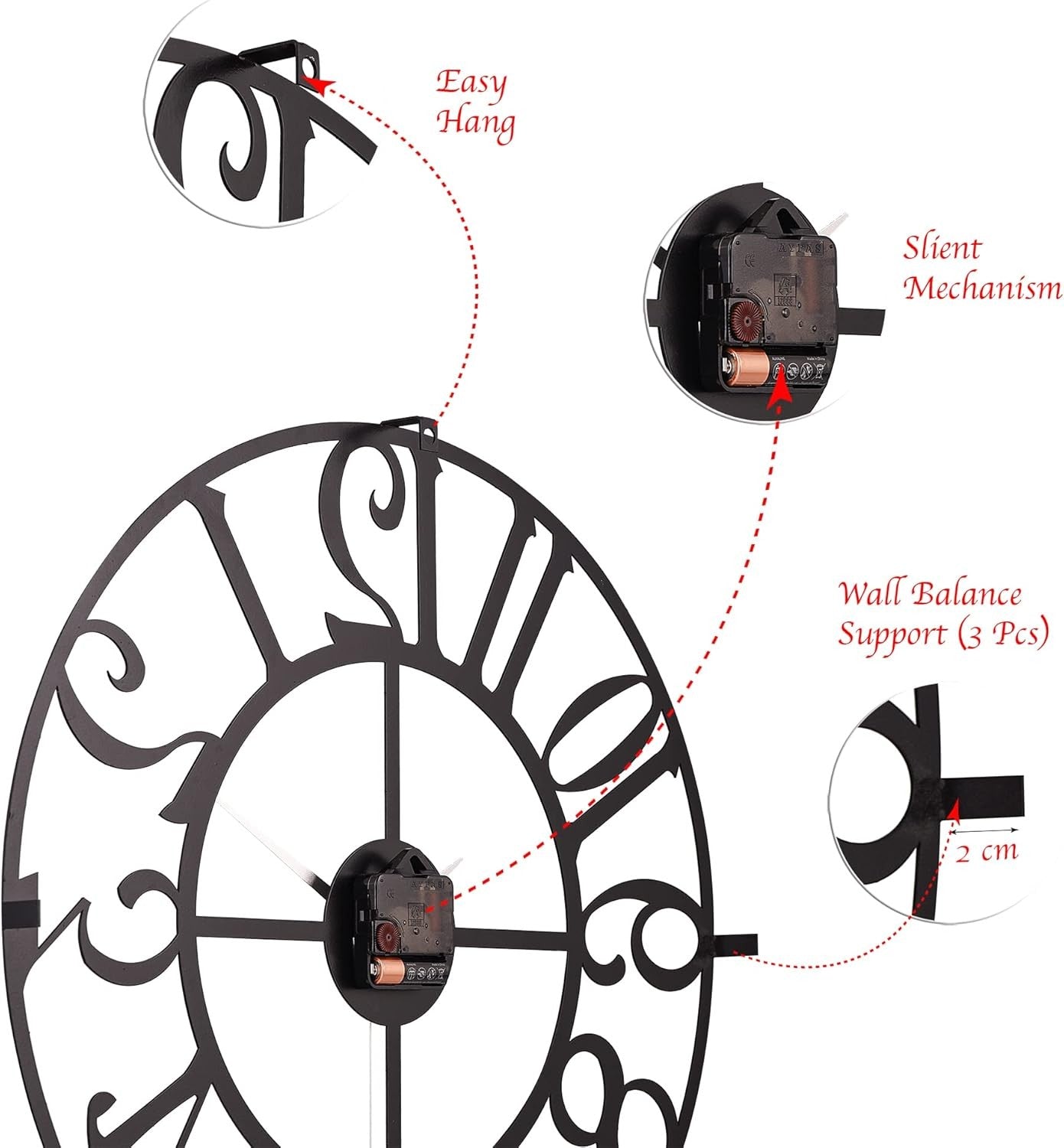 50cm Large Metal Wall Clock Modern Silent Quartz Open Face Round Home Decor