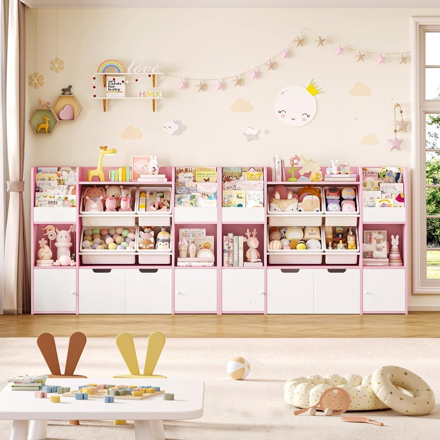 Kids Toy Storage Cabinet Bookshelf with Drawers Doors Bins 6-in-1 Unit Pink