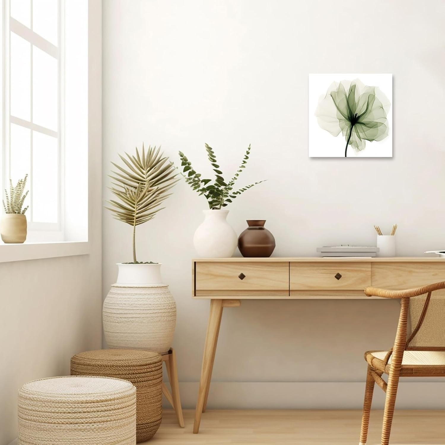 Green Floral Canvas Wall Art Abstract Flower Framed Modern Bedroom Decor