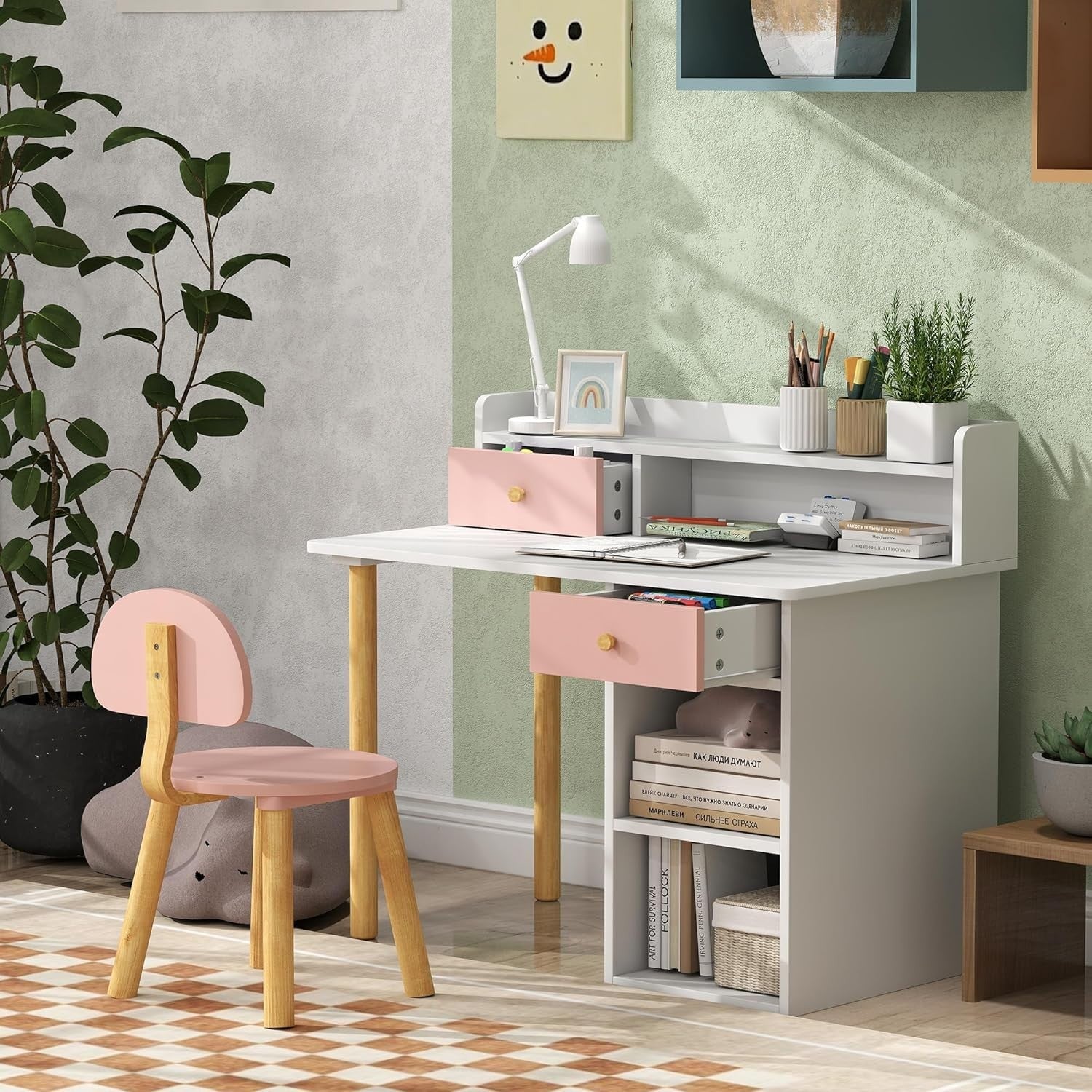 Kids Study Desk & Chair Set with Hutch, Storage Drawers, Pink for Ages 3-8