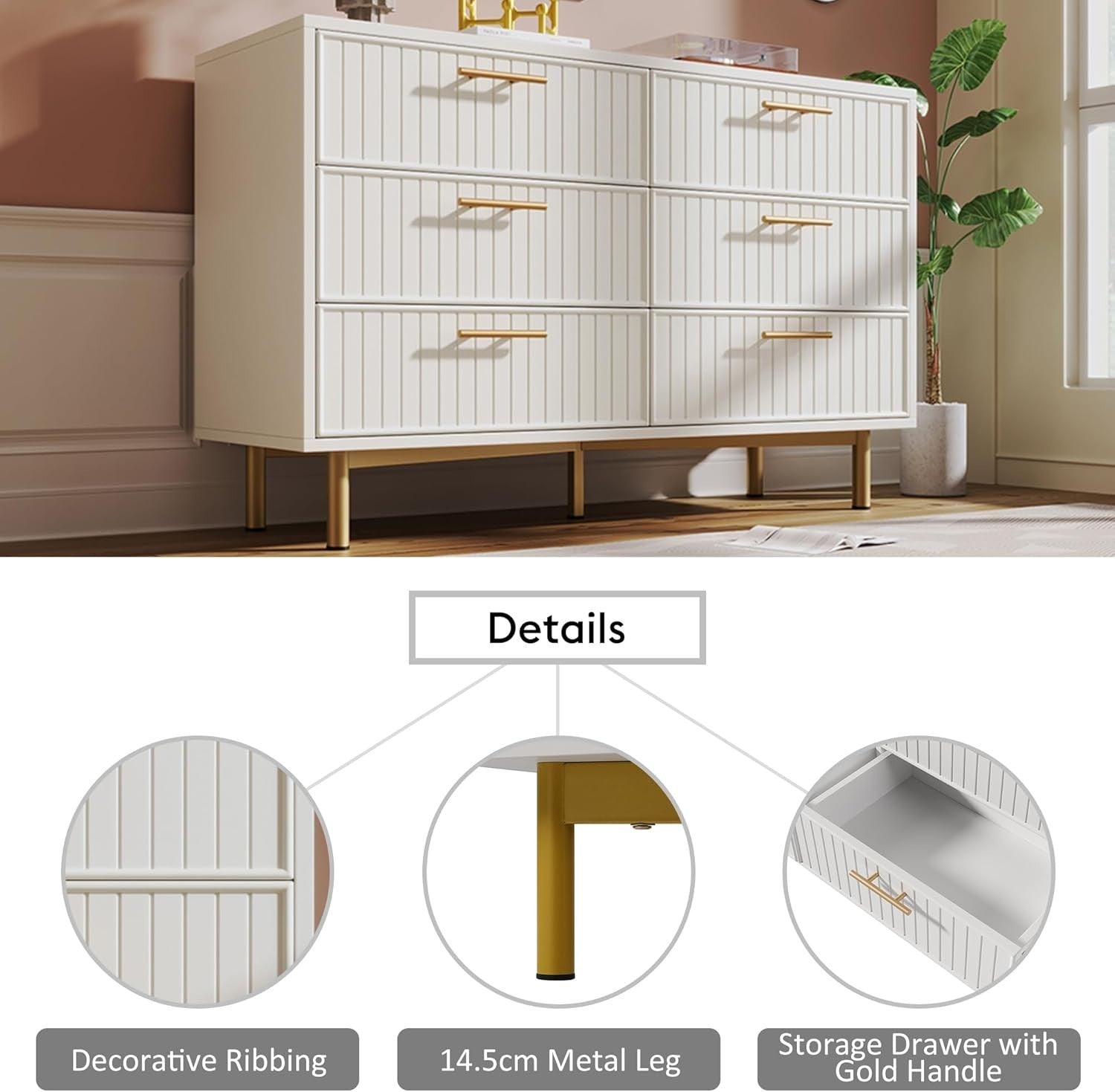 Adjustable 6-Drawer Chest Storage Cabinet for Living Room & Hallway, Modern Styl