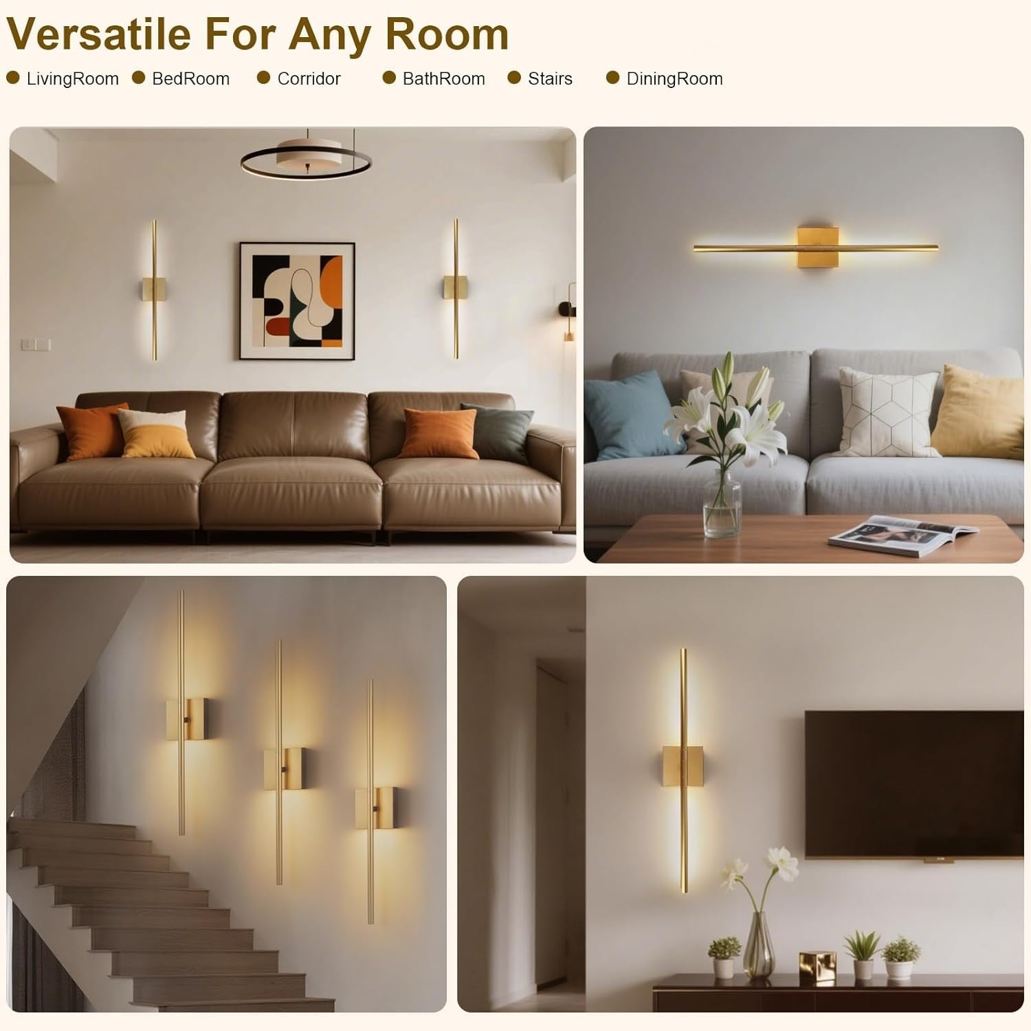 Rechargeable LED Wall Lights 2-Pack Dimmable Touch Remote 3 Color 70CM Gold