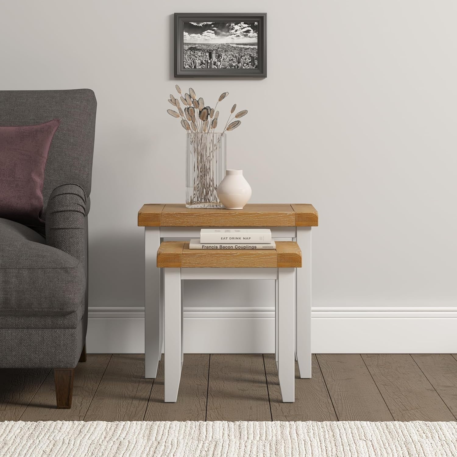 Farmhouse Nesting Coffee Table Set of 2 Ivory/Oak Wood Fully Assembled
