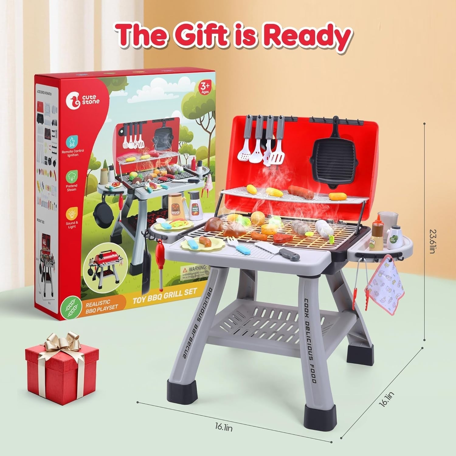 Kids BBQ Grill Playset Smoke Lights Sounds Pretend Kitchen Toy Set