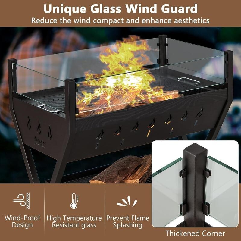 2-in-1 BBQ Grill & Fire Pit with Glass Shield, Shelf, Gloves, Racks
