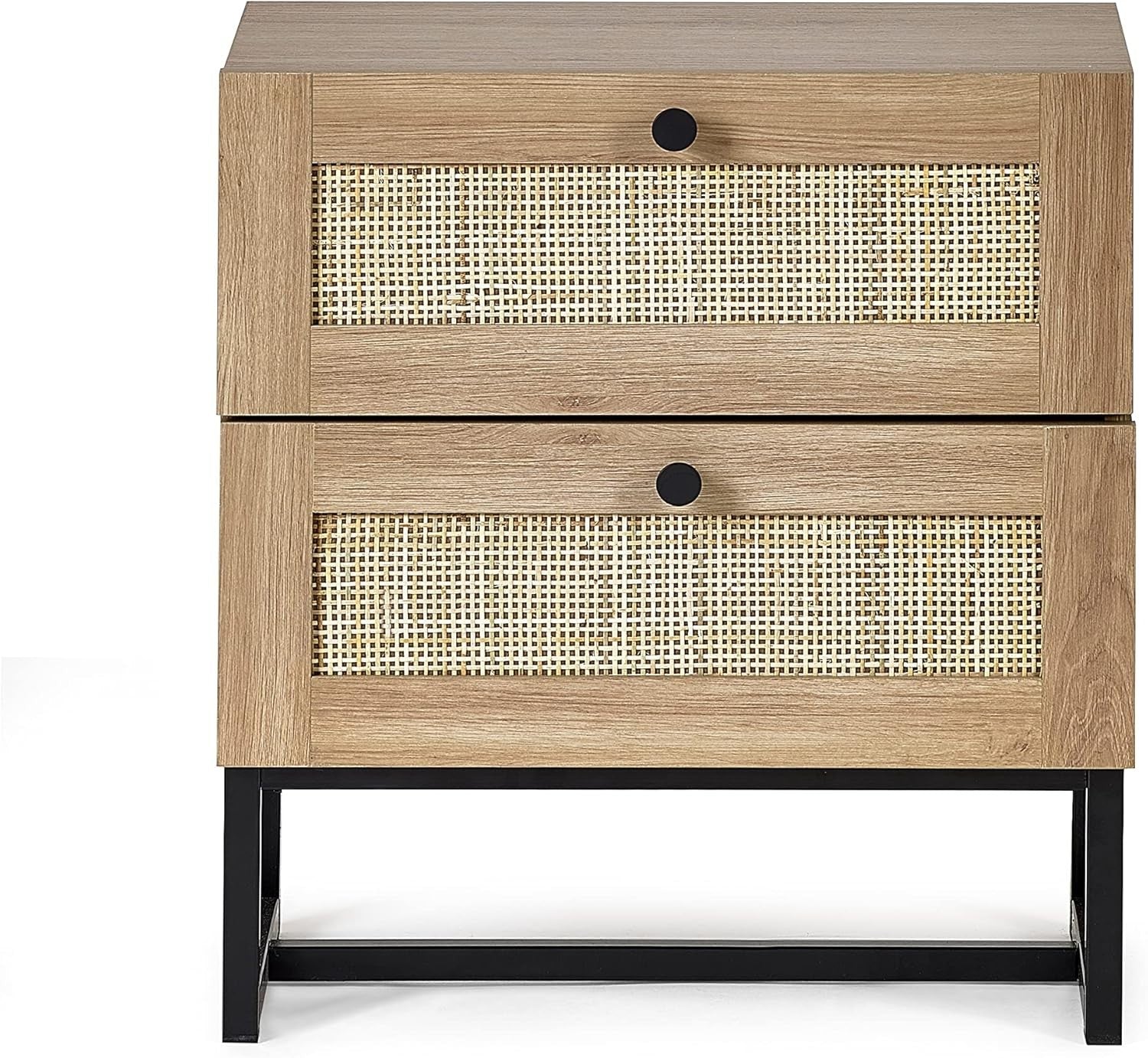 Modern Oak 2 Drawer Bedside Table with Rattan Front 50x30x55cm