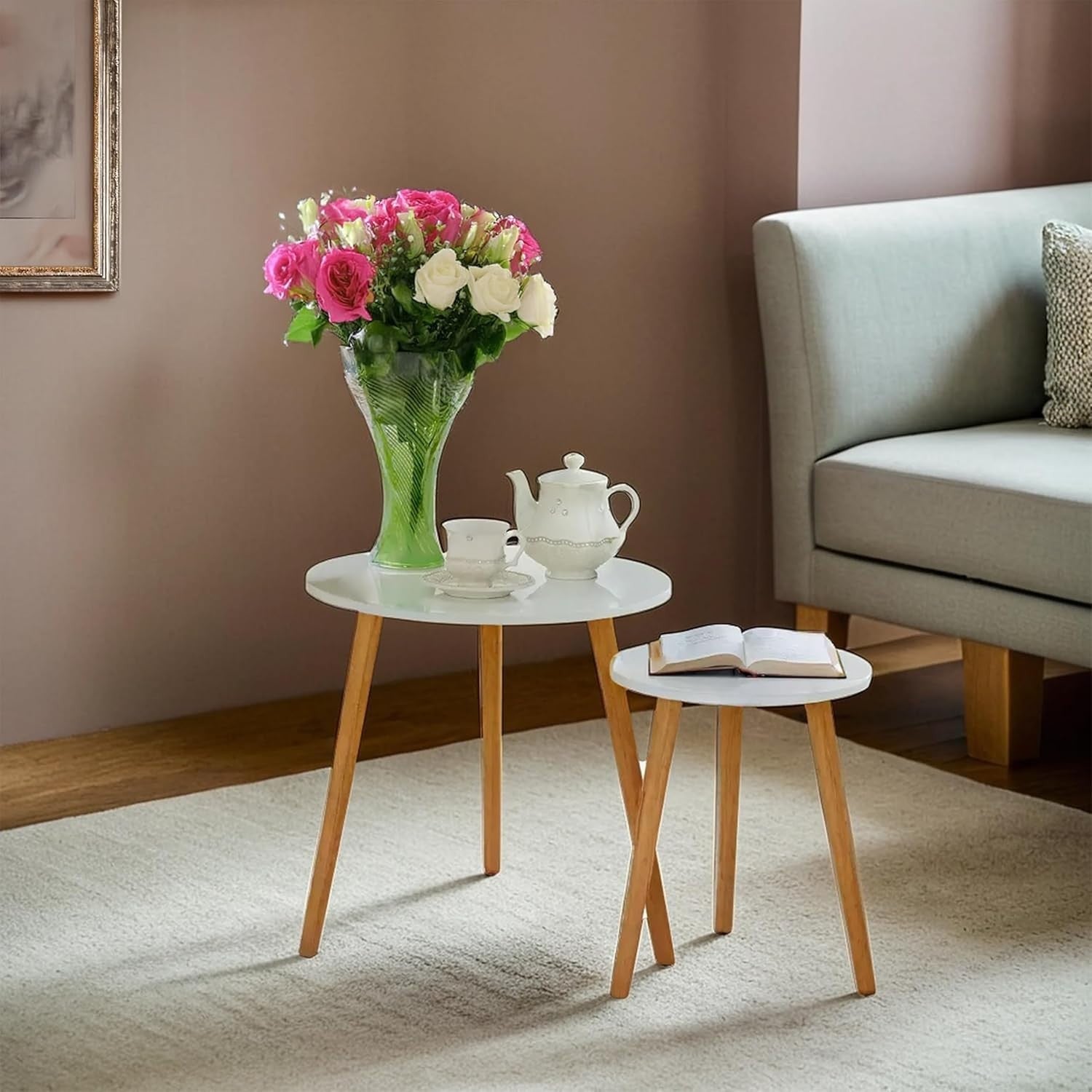 2x Modern Nesting Coffee Side Tables Round Wood White Set Home Living Room