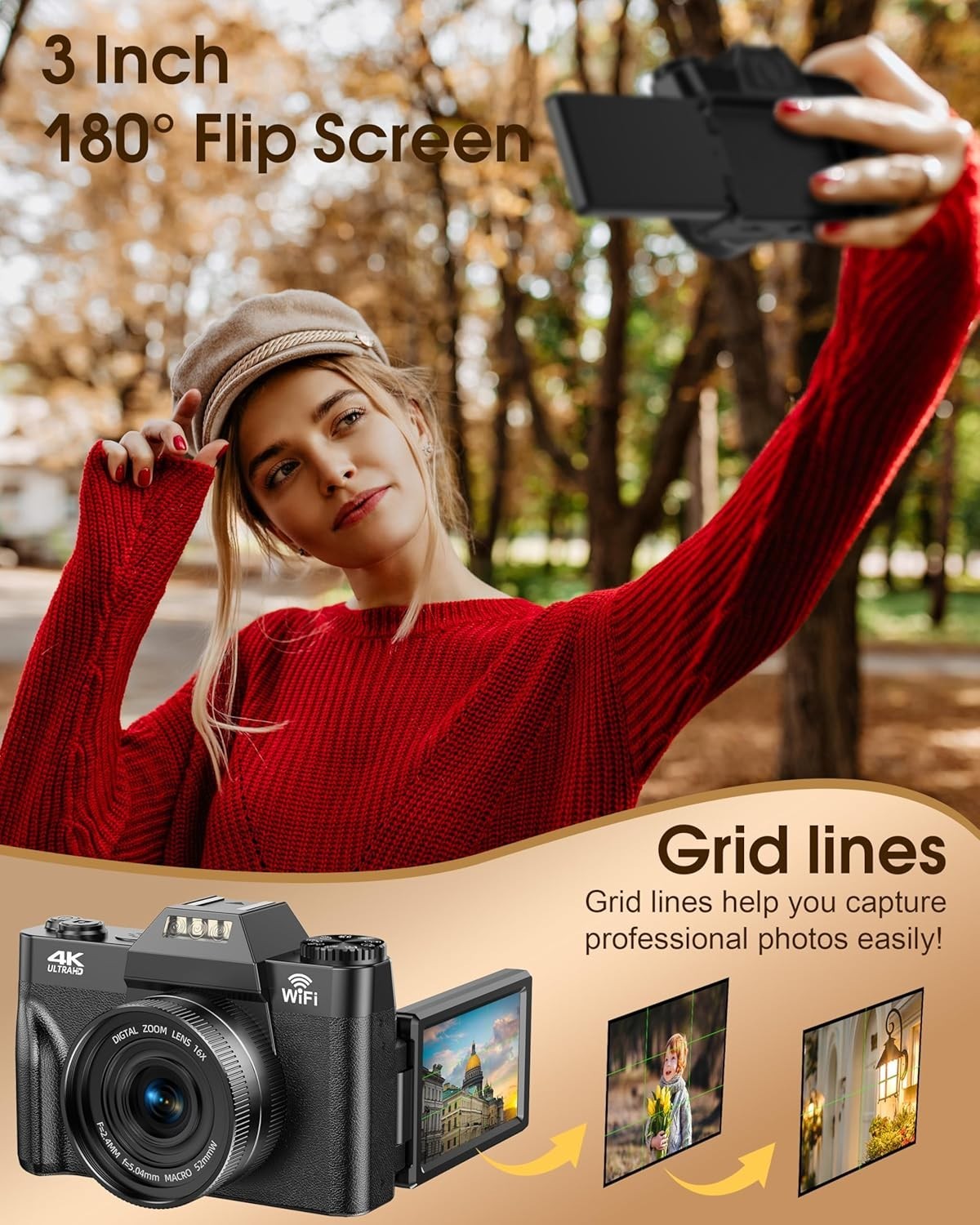 4K 75MP Digital Camera WiFi Flip Screen Vlogging Camera 32GB Bundle