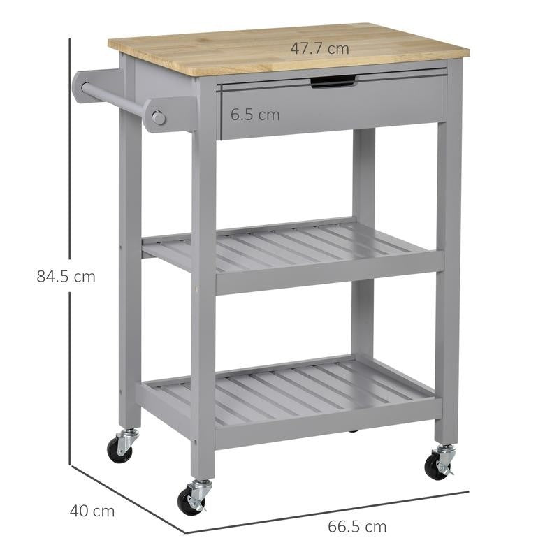 Grey Kitchen Trolley Cart with Drawer Shelves Wheels & Wood Worktop