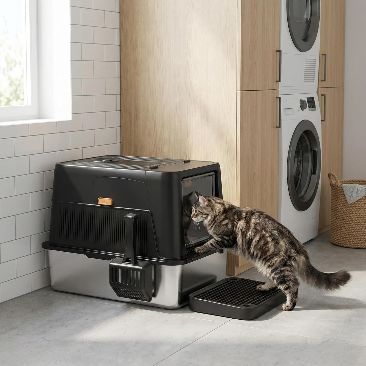 XL Stainless Steel Cat Litter Box Odor Control High Sided Enclosed