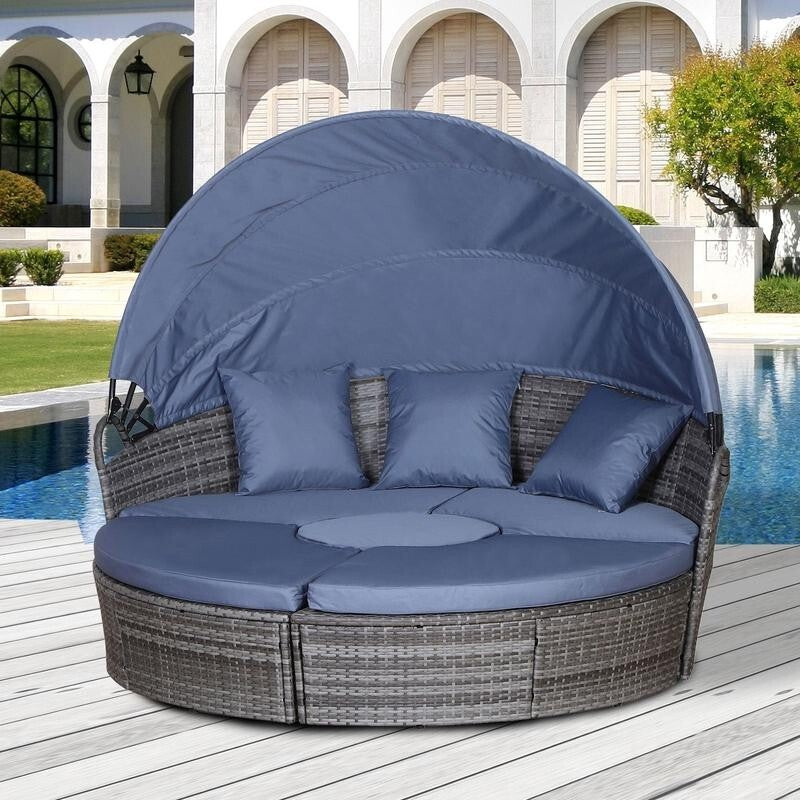 6 Seater Rattan Garden Sofa Bed Set with Canopy Coffee Table Cushions Grey