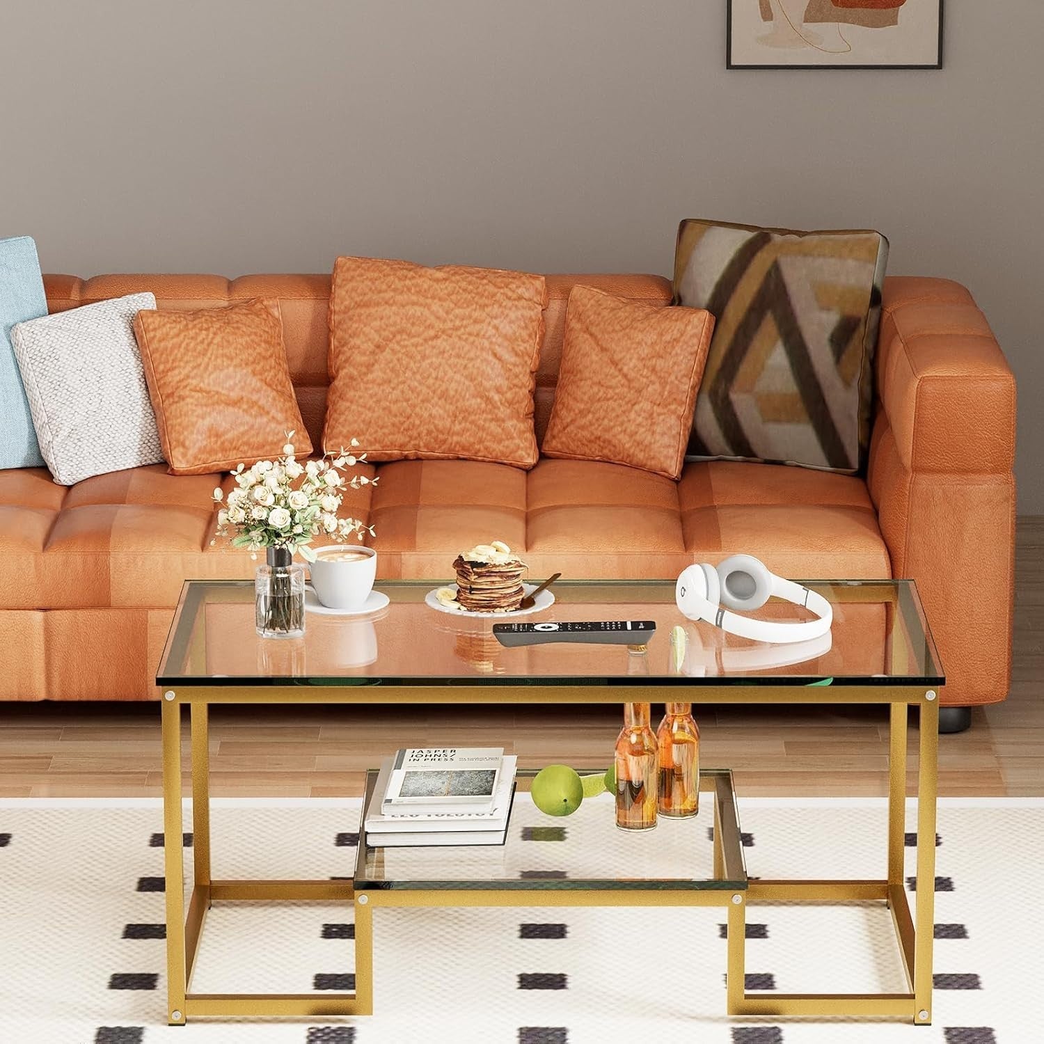 Gold Glass Coffee Table 2 Tier – Modern Metal Frame Living Room Storage