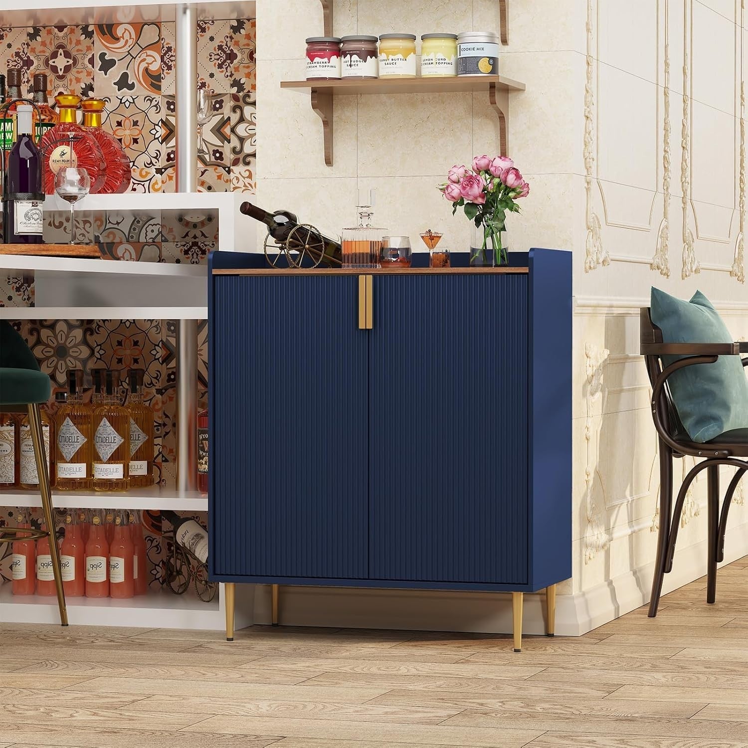 Luxury Blue Drinks Cabinet with Wine Rack & Glass Holders – Modern Bar Sideboard
