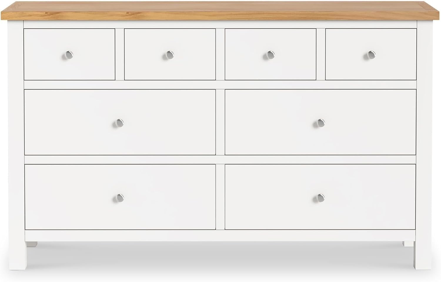 White 8 Drawer Chest with Oak Top – Large Solid Wood Bedroom Storage Unit