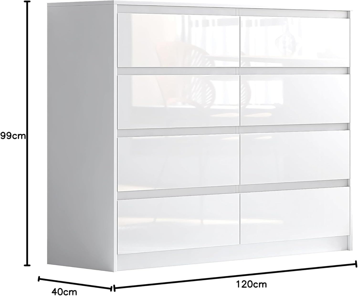 High Gloss 8 Drawer Chest | Modern Handleless Bedroom Storage | White Buffet