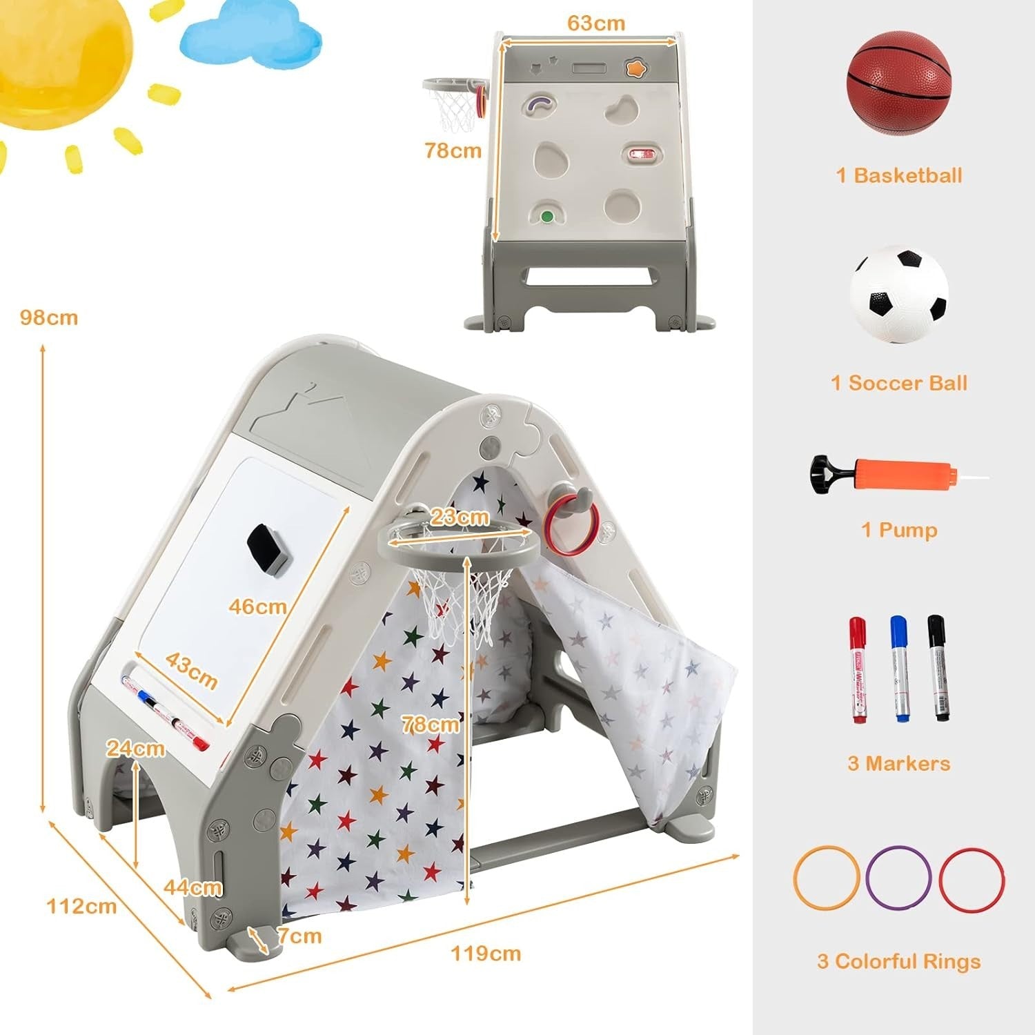 6 in 1 Kids Playhouse Activity Tent w Climbing Wall Hoop Board