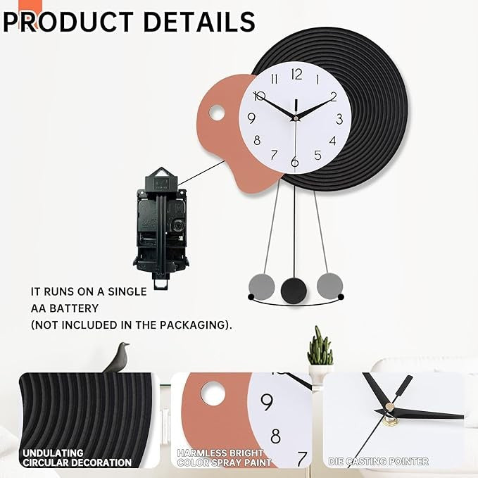 Modern Pendulum Wall Clock 35cm Silent Metal Design Minimalist Home Decor