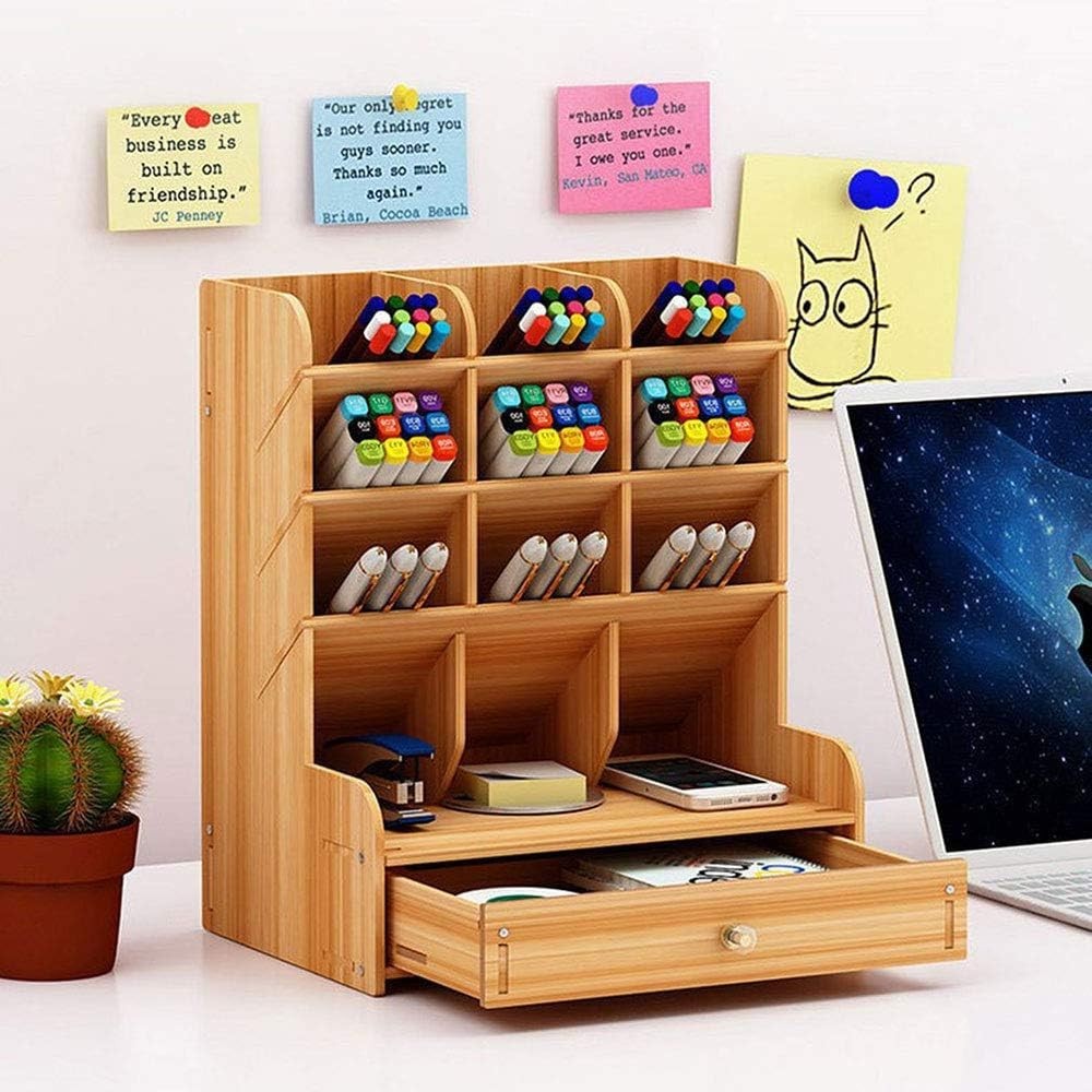 Wooden Desk Organizer Desktop Shelves with Drawer Pen Holder Office