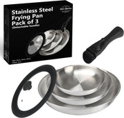 3pcs Stainless Steel Frying Pan Set 24 26 28 cm with Lid & Detachable Handle
