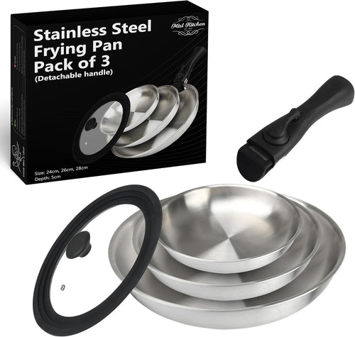 3pcs Stainless Steel Frying Pan Set 24 26 28 cm with Lid & Detachable Handle