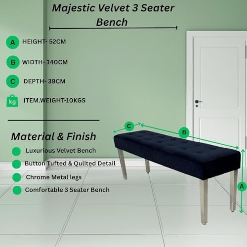 Luxury Black Velvet 3-Seater Bench Modern Upholstered Dining & Entryway Seat