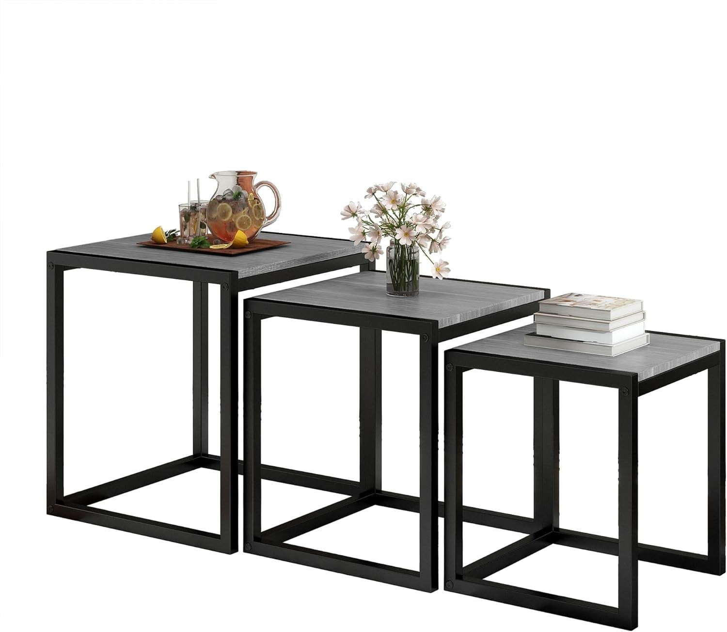 Set of 3 Grey Nesting Tables Wood Top Metal Legs Modern Living Room End