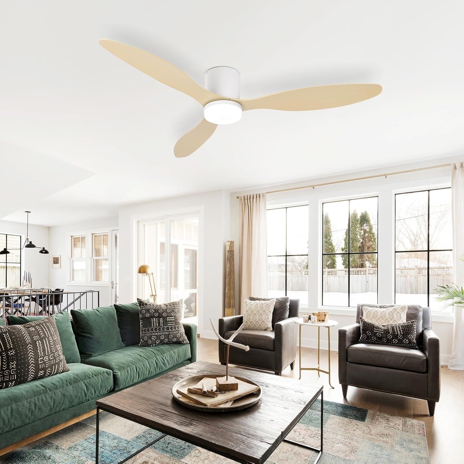 AQLEDY 52" Ceiling Fan with Light, 6-Speed, Remote, Reversible, White-Wood